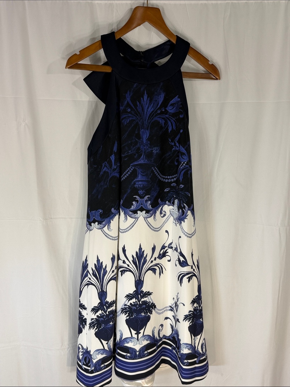 Ted Baker Navy and White Halter Midi Dress with Blue Scroll Motif Size 5 /US 12